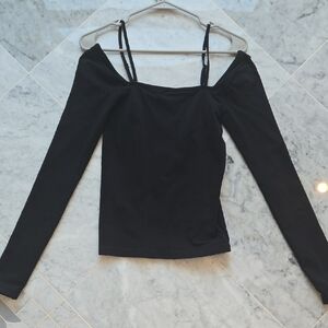Helmut Lang Black Off-Shoulder Long Sleeve Top with Thin Straps